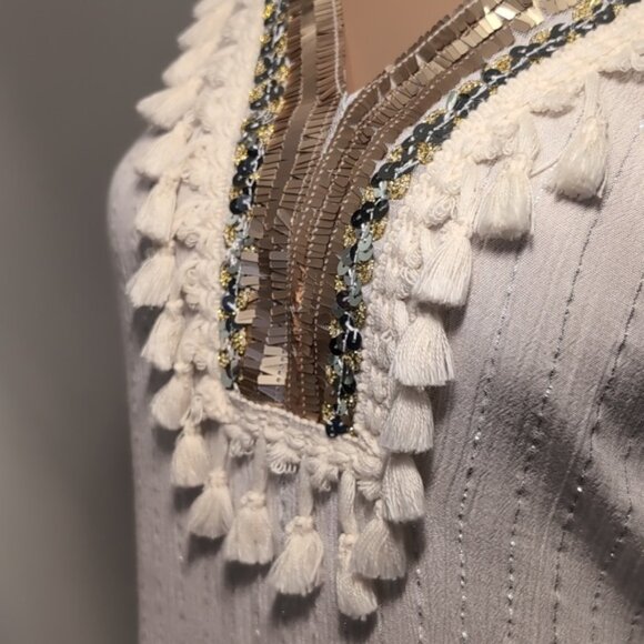 CIAO MILANO Boho Tassel Tunic Shift Dress Flare Sleeve Tassel Metallic Sequin - Picture 5 of 16
